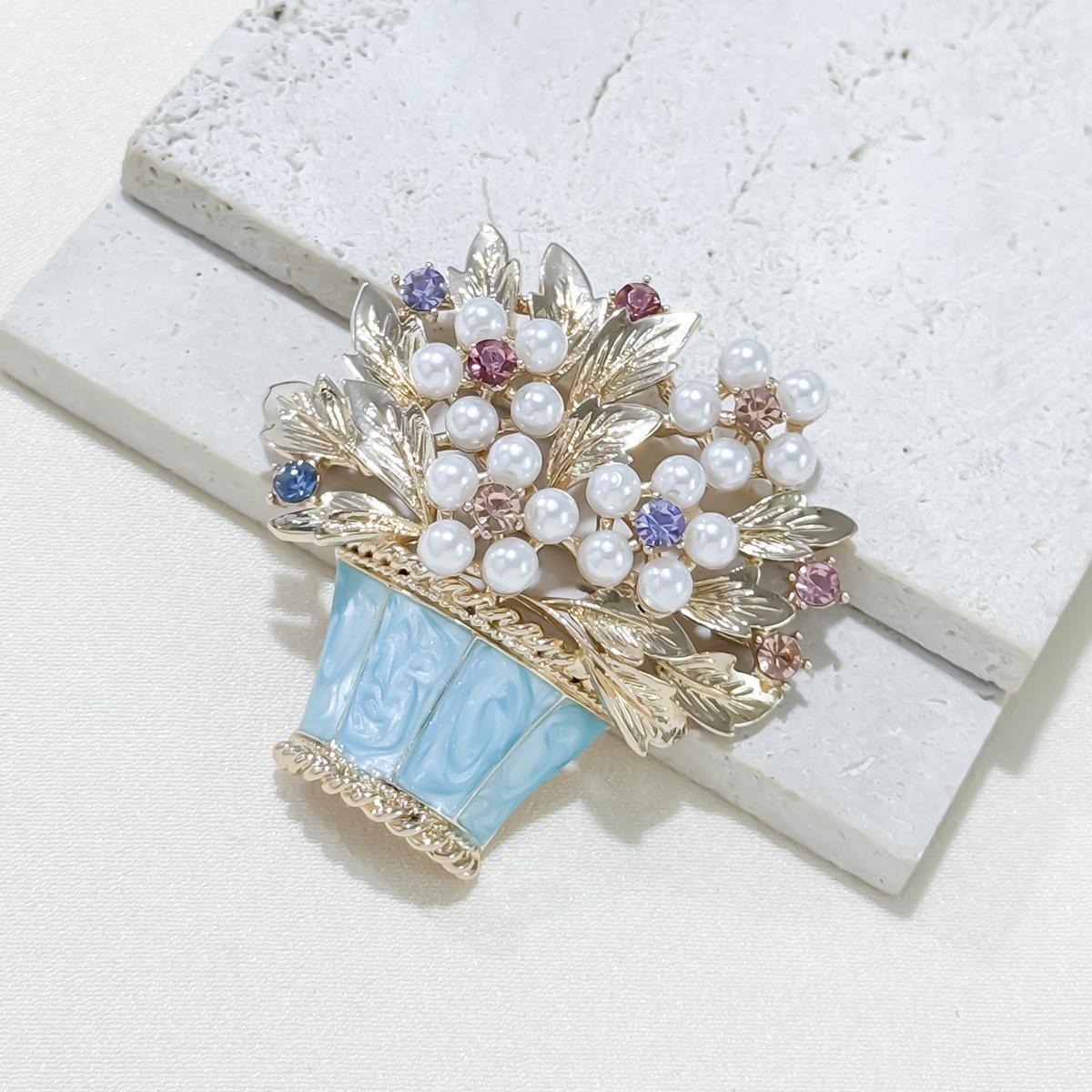 

Брошь в виде цветка из глазурованного жемчуга, модная цветочная корзина, булавка для горшечного растения, средневековые винтажные аксессуары со стразами