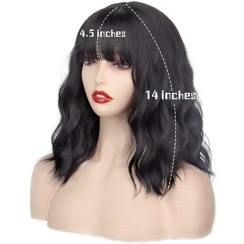 XINRAN Damenmode schulterlange schwarze natürliche gewellte Perücke mit Pony Kunstfaser gewellte Perücke für den täglichen Gebrauch Cosplay