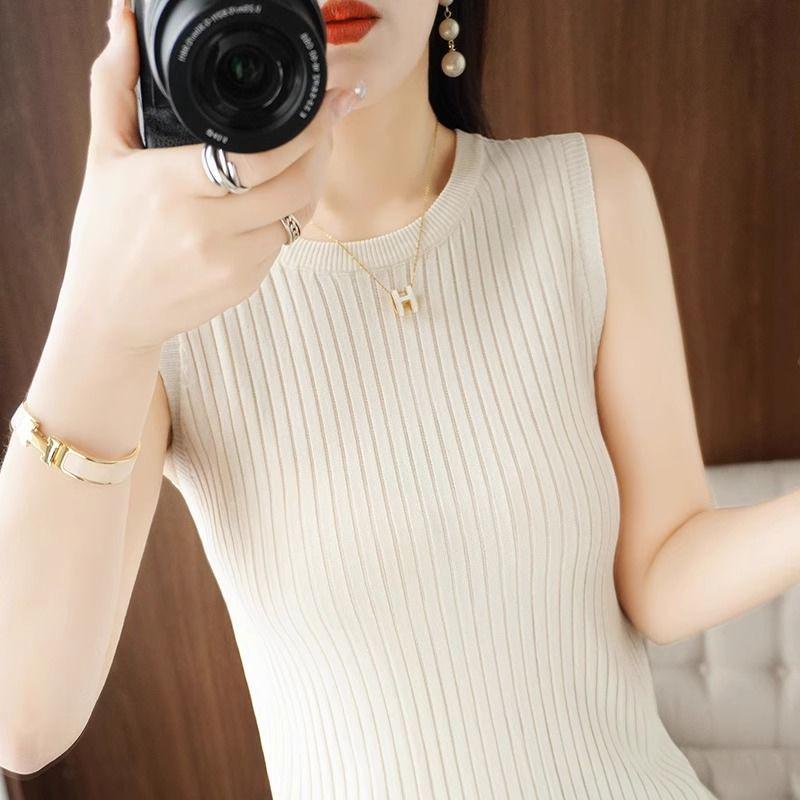Women's Round Neck Sleeveless Knitted Camisole Tank Top - Ice Silk Summer Base Layer Top