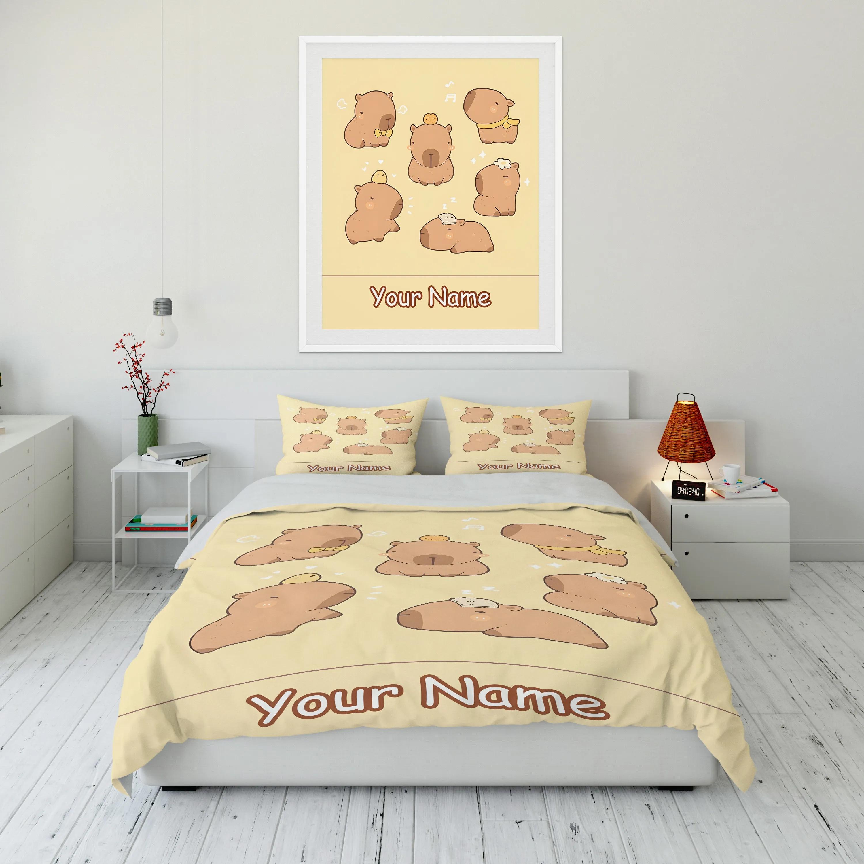 

Personalized Custom Name Bed 3-piece Set Capibala Print Bedding 2 Pillowcases 1 Quilt Cover Surprise Gifts From Parents To Kids EU Twin 135X200cm