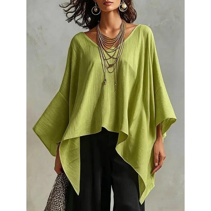 Women Loose V Neck Batwing Sleeve Casual Vacation Top