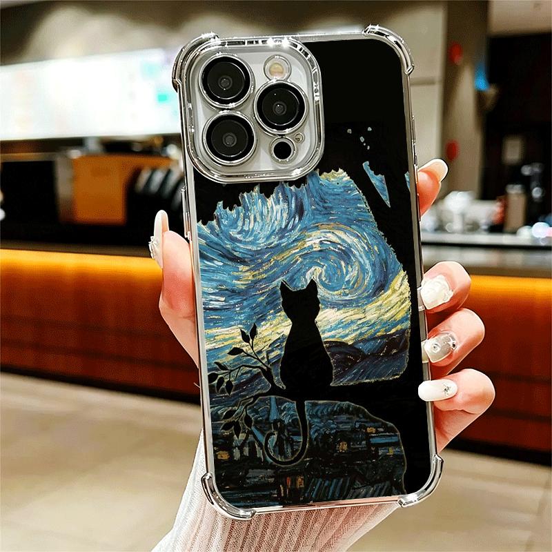 Black Cat Aesthetic Pattern Plating Phone Case For Iphone 16 17 Pro Max Air 16E 14 15 Plus 12 13 Mini Anti-Fall Airabag Cover