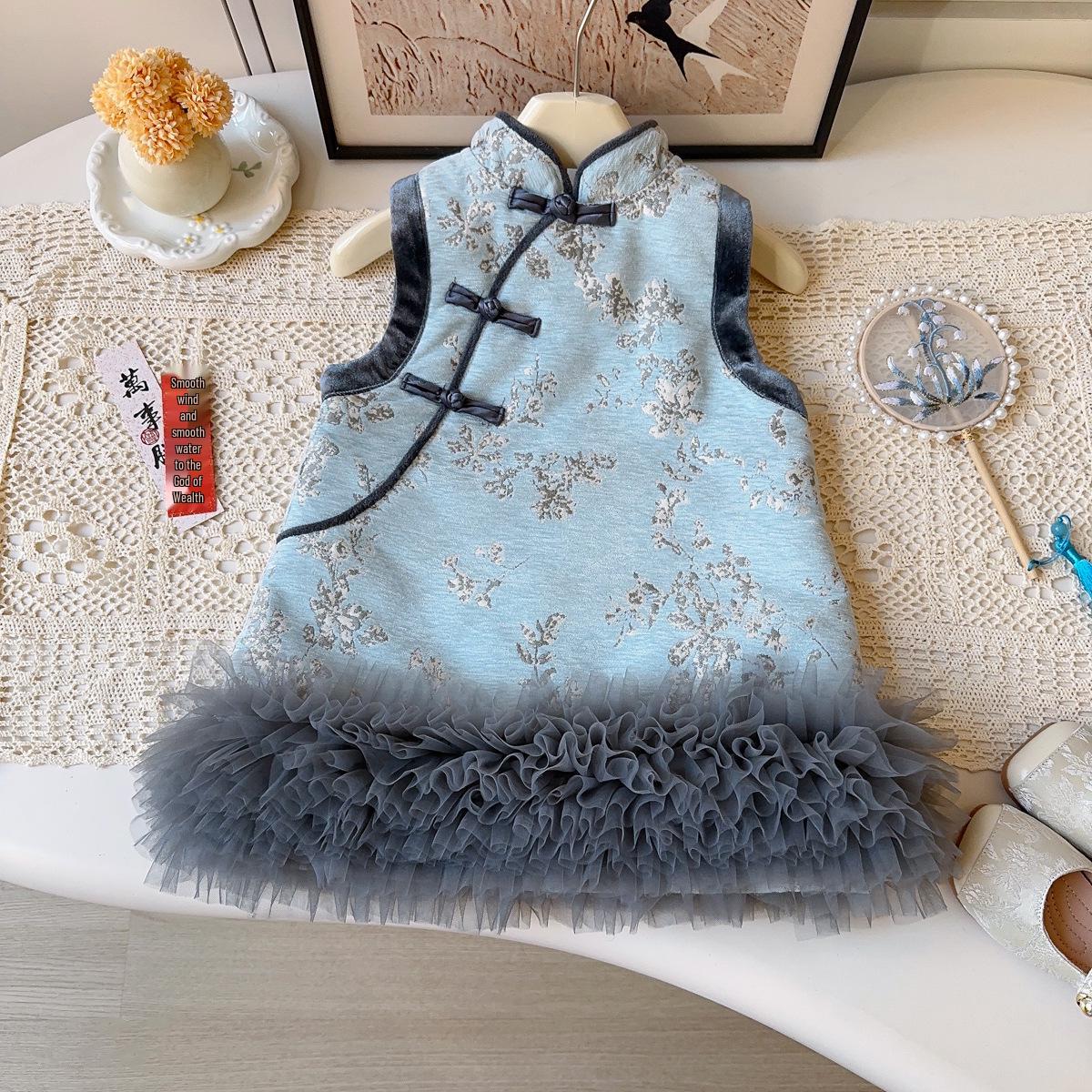 

New Girls Winter Qipao Dress with Warm Mesh Skirt Hem 110