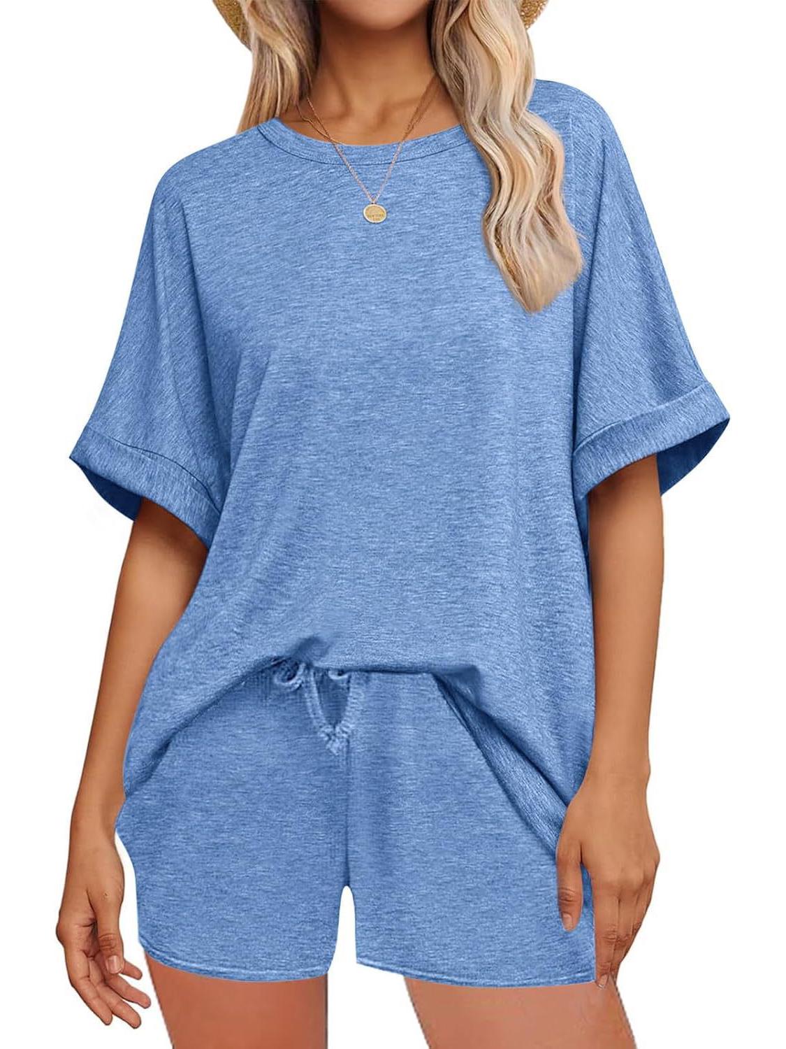

2026 Cross-Border Summer Casual Sports Set: Super Size T-Shirt & Drawstring Shorts Extra Large озеро синього кольору