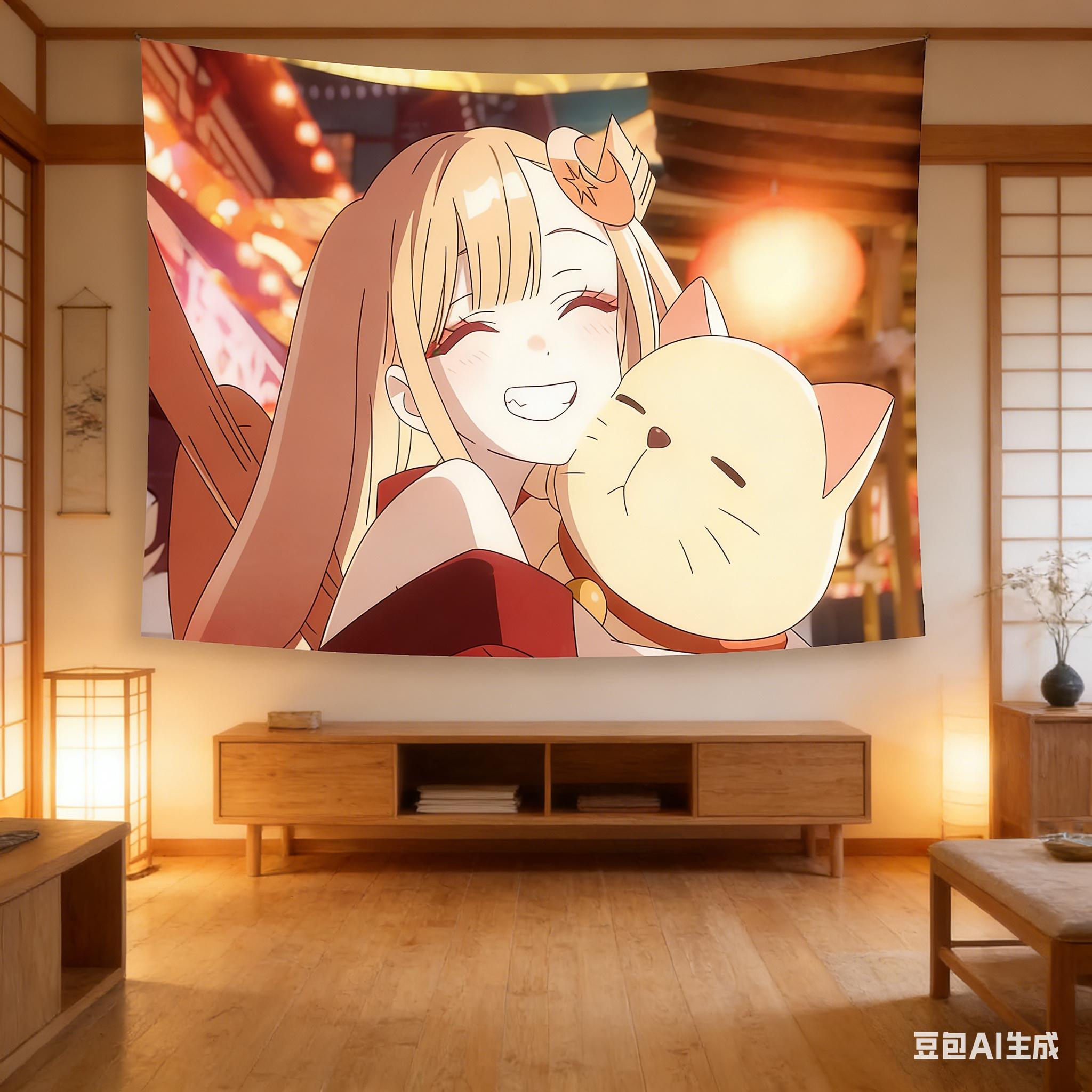 

Kawaii Anime Girl Cat Tapestry Cozy Lofi Aesthetic Print Polyester Wall Hanging for Bedroom Cute Anime Pet and Warm Night Sc 74x94cm(29x37in)