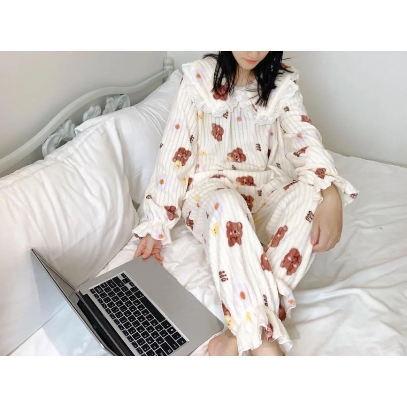 Thickened Warm Sleepwear Loungewear for Winter Printed Peach Pajamas Homewear Coral Velvet 2PCS Set Cartoon Bear Cute
