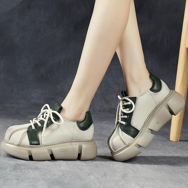 Женские ботинки из натуральной кожи, обувь в стиле ретро, ​​новинка 2024 года, осень-зима, лаконичные ботинки на платформе с круглым носком и двойной молнией ручной работы 35 бежевый