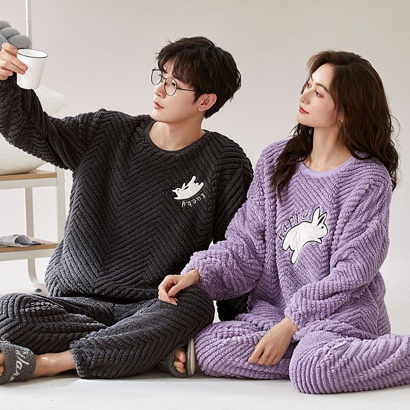 Pánské a dámské silné pyžamo z korálového fleecu: Hřejivá sametová flanelová zimní souprava