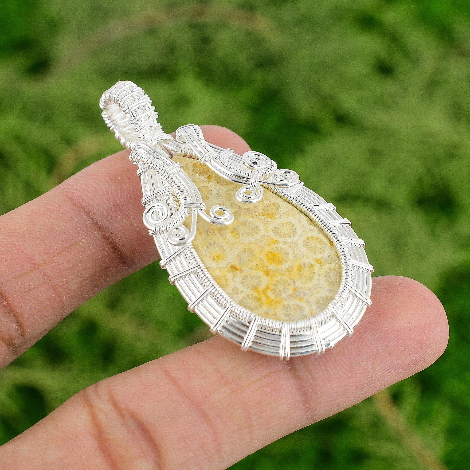 

Pear Fossil Coral Gemstone Sterling Silver Sister Wire Wrapped Pendant Jewelry