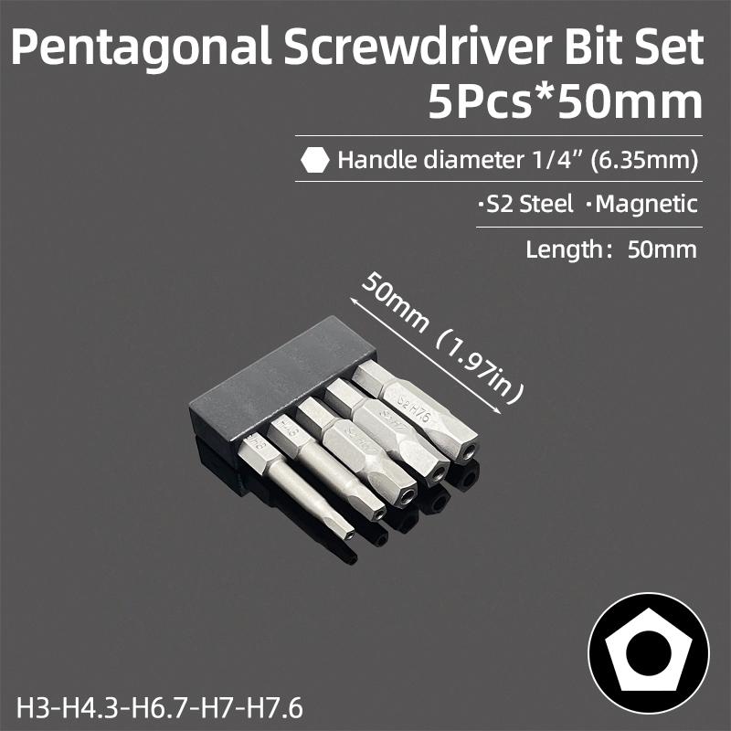 Set de biți magnetici pentagonali cu gaură Hex 1/4" Oțel S2 50mm Security Torx Biți de găurit Cheie cu clichet Unelte de mână