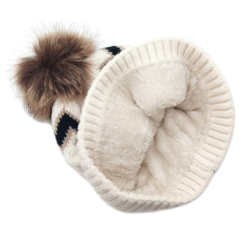 Warm Acrylic Knitted Hat with Color Block and PomPoms for Winter Comfortable Wear Adult and Kids Elastic Pullover Hat