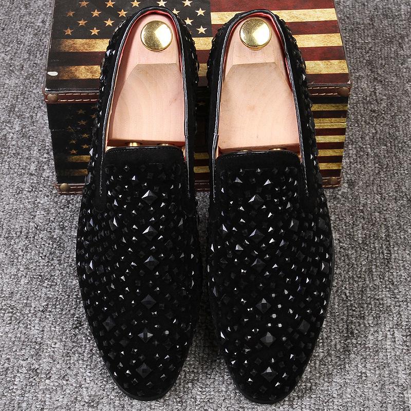 Black Luxury Men Dress Shoes Designer Spikes Loafers Shoes Denim Metal Sequins Footwear High Quality Casual Men Leather Shoes