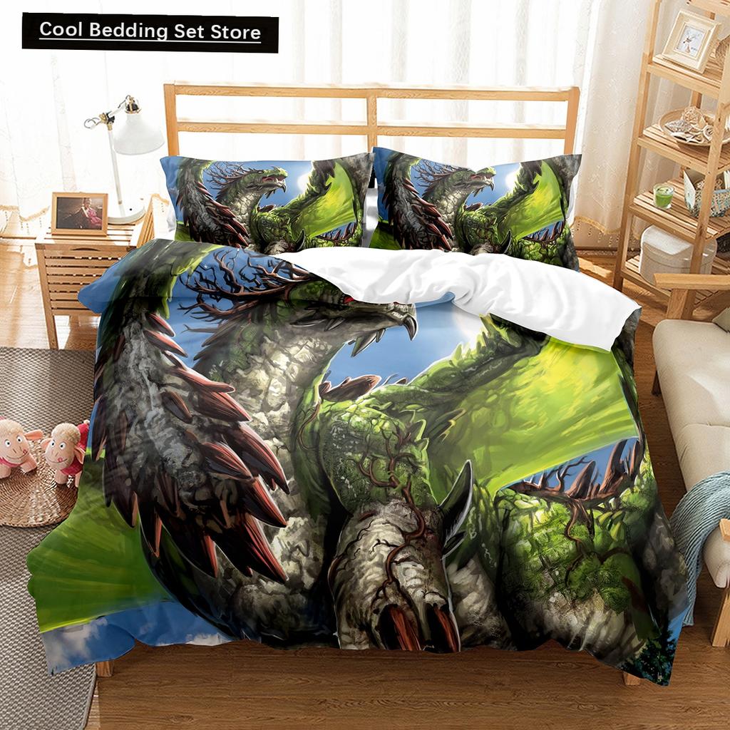 Funda Nórdica de Dibujos Animados Rey Dragón Reina Niños Niños Juego de Cama Animal Encantadora Criatura Mágica Funda de Edredón Poliéster Funda de Edredón