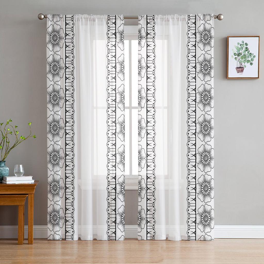 Bohemian Retro Ethnic Tulle Curtains For Living Room Voile Sheer Window Curtain For Bedroom Chiffon Curtains For Kitchen