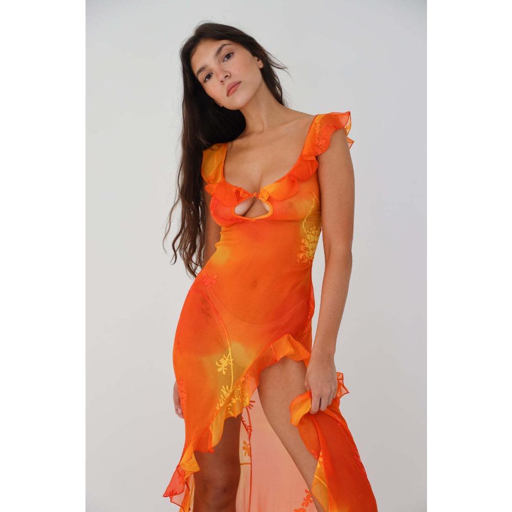 Women's U Neck Sleeveless Maxi Dress Slim Fit Mid Waist Sexy Floral Tie Dye High Slit Ruffle Chiffon Party Dress