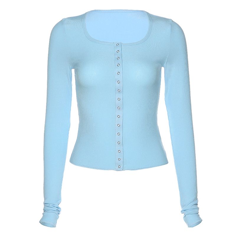 

Высокоэластичный кардиган с длинным рукавом на кнопках в французском стиле, тонкий, дымчато-голубой Haze Blue S