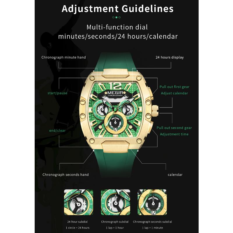 Megir Quartz Watch for Men Waterproof Silicone Strap Fashion Tonneau Case Chronograph Sport Wristwatch with Date Luminous Hands