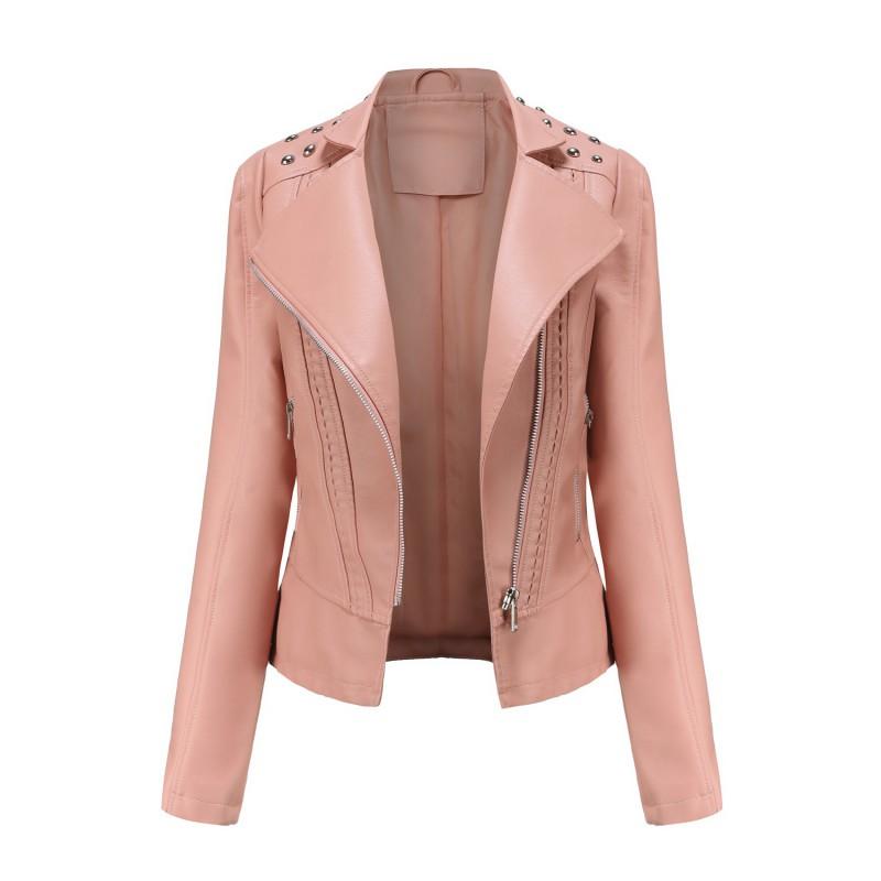 Womens PU Leather Jacket Street Style Casual Coat With Rhinestone Detail Long Sleeve Zipper Front