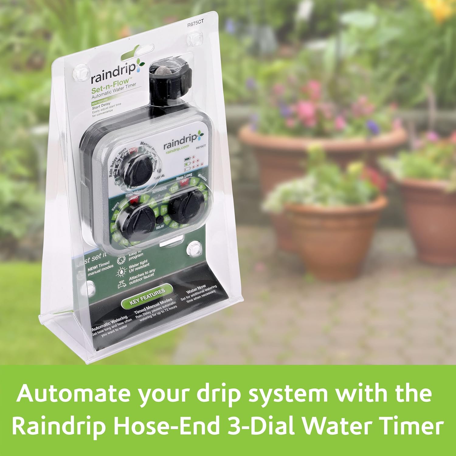 

Analog 3-Dial Water, Sprinkler Timer with Rain Delay for Drip Irrigation, Garden, Self-Watering United States