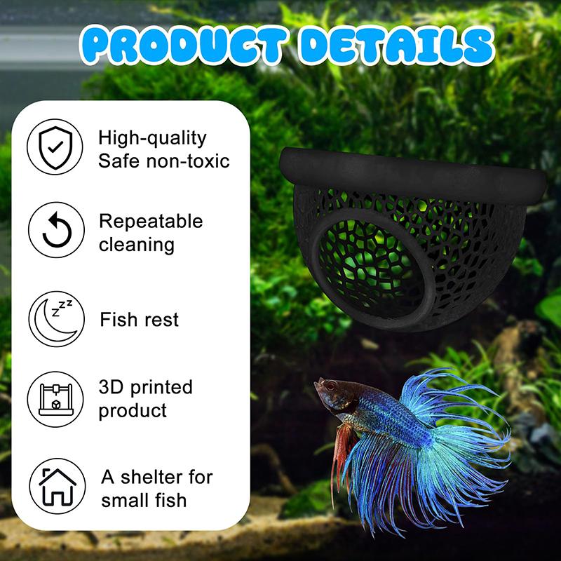 Floating Betta Hide & Shrimp Cave – 3-in-1 Aquarium Hammock, Floating Feeder Ring & Resting Spot – 3D Printed Betta Fish Decor