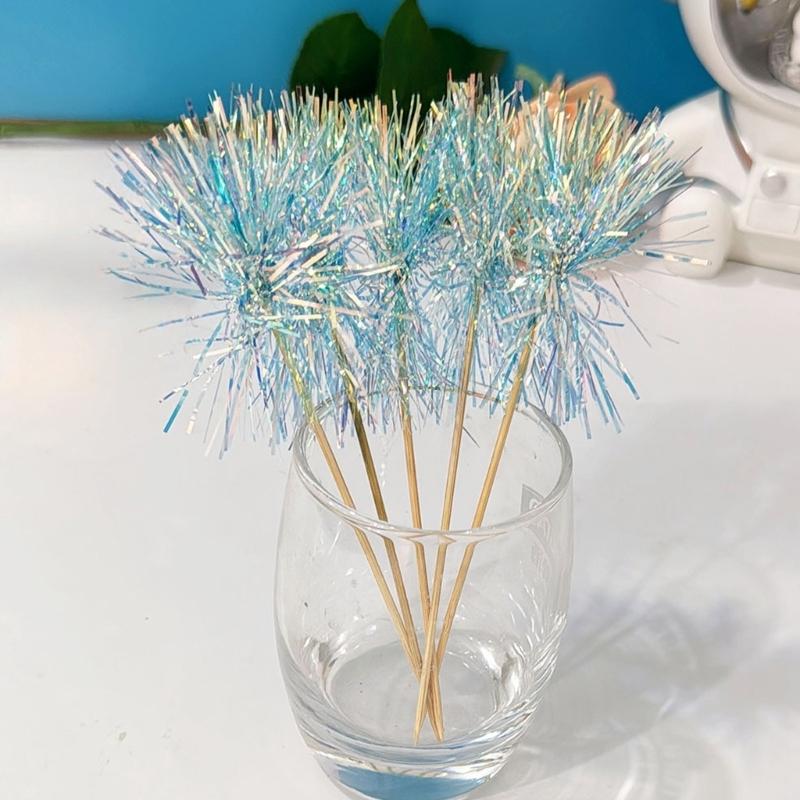 10Pcs Wooden Cake Decorations Colorful Tinsel Cake Insert Sticks Embellishments For Birthday Wedding Anniversary Party