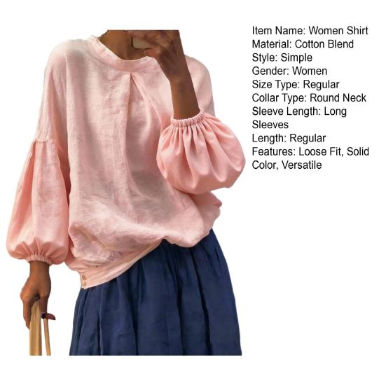 Camisa para Mujer Cuello Redondo Mangas Largas Abullonadas Dobladillo Asimétrico Botones Laterales Corte Holgado Casual Tops de Verano Uso Diario
