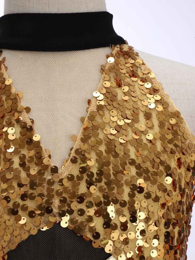Mädchen Cha-cha Salsa Performance-Leotard: Ärmelloses Neckholder-Kleid mit Pailletten und Fransen, Netz-Taille, Schlüsselloch, Metallic-Rücken für Bühnenkostüm