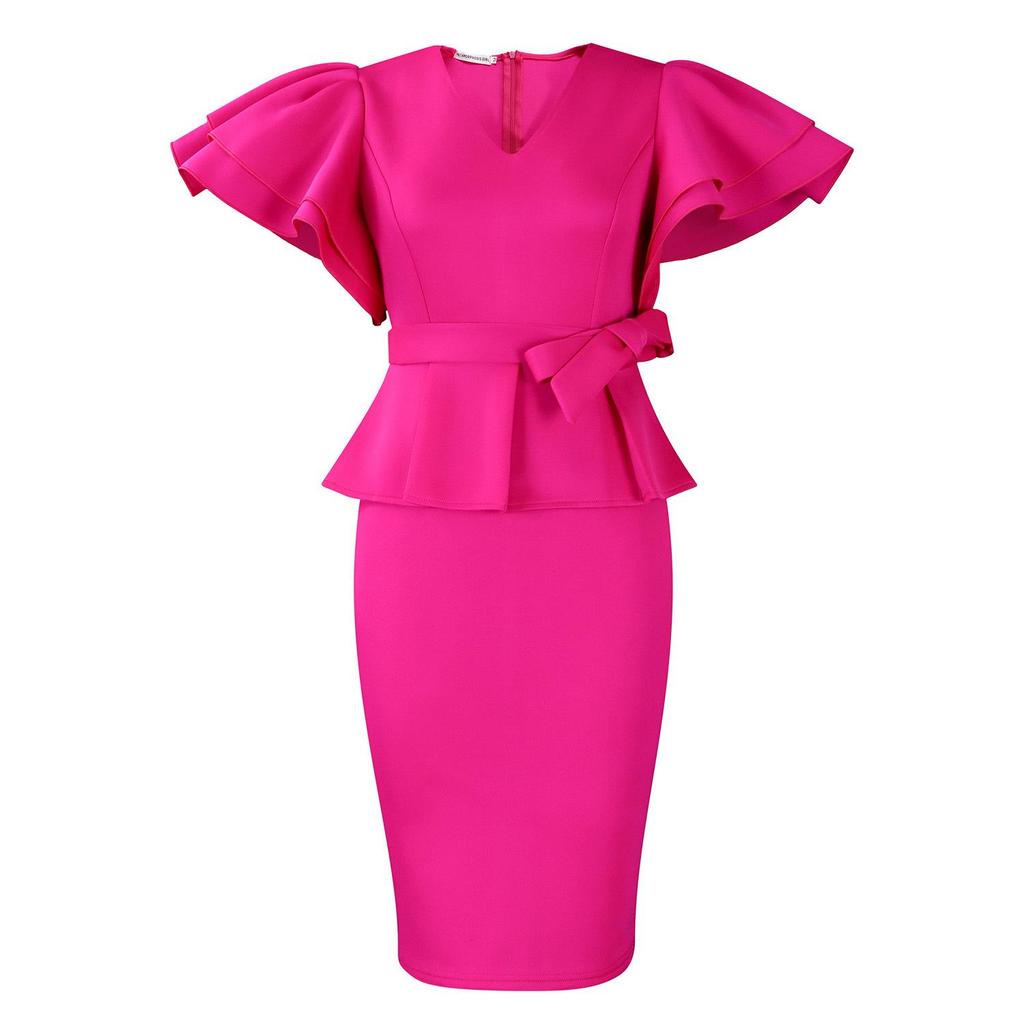 Elegant Ruffle Solid Color Party Dress - African Style