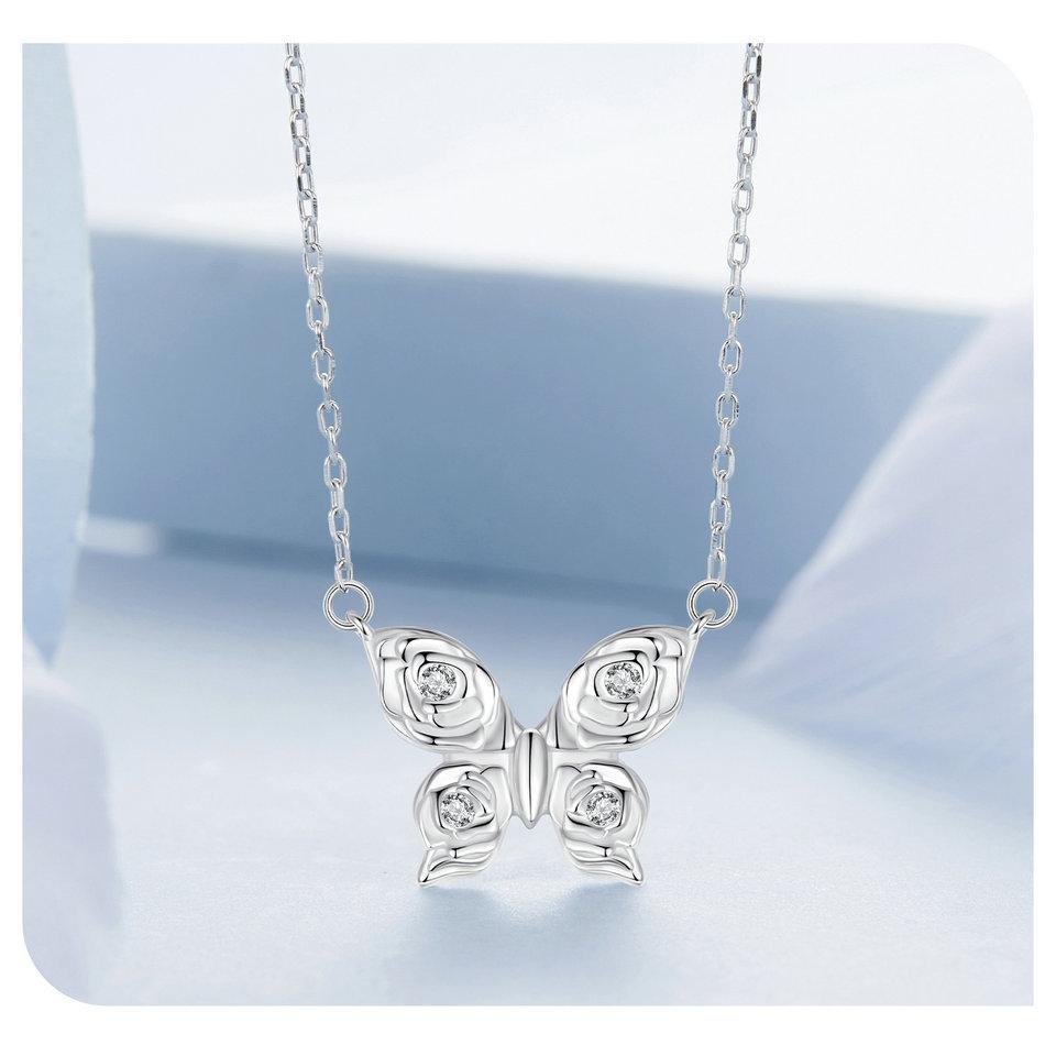 BAMOER 925 Sterling Silver Rose Butterfly Necklace Romantic Love Necklace Plated White Gold for Women Fine Jewelry
