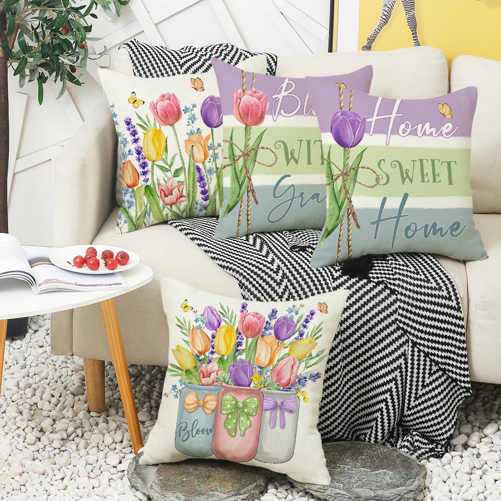 Spring New Pillow Printed Pillow Linen Sofa Letter Plant Flower Cushion Cover