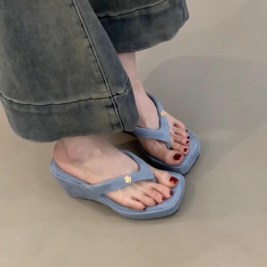 Soft Leather Version~ Thick Bottom Heightening Flip-flops Women Wear Small Fragrant Wind Toe High Heel Cool Slippers Casual Beach Slippers