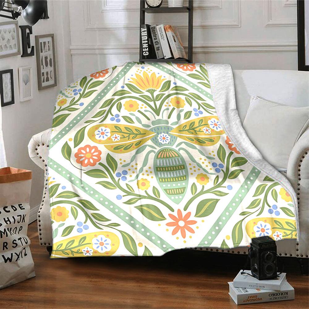 1pc Floral Bee Lightweight Flannel Blanket, Comfortable and Warm Blanket, for Office and Camping Sofa Bed139