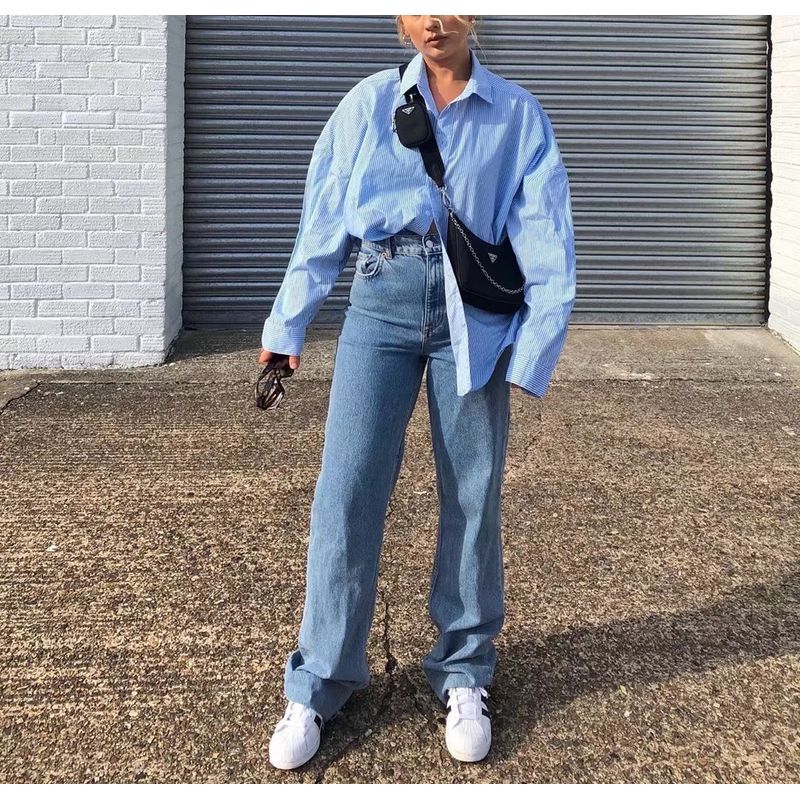 Fall and Winter New Arrival Women's Fashion All-Match Silm Slim Looking Trendy High Waist Raw Hem Wide Legs Mop Denim Pants