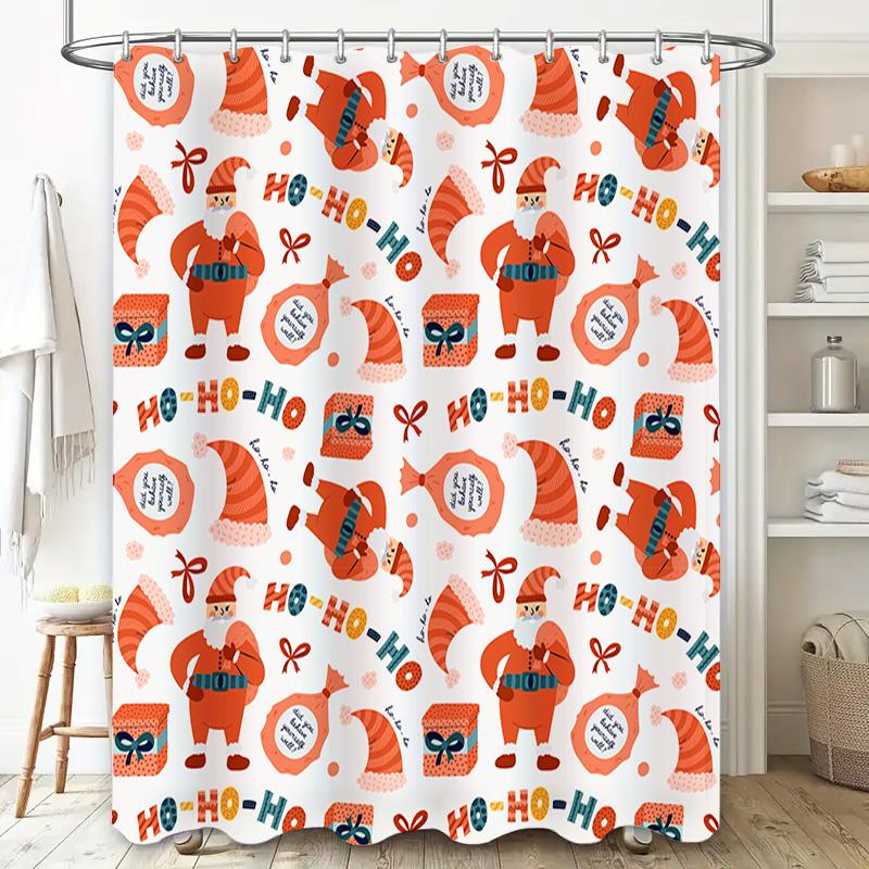 Christmas Shower Curtain Festive Santa Claus Pattern Orange Red Colorful Printing Non-Slip Waterproof Fabric for Bath Decoration
