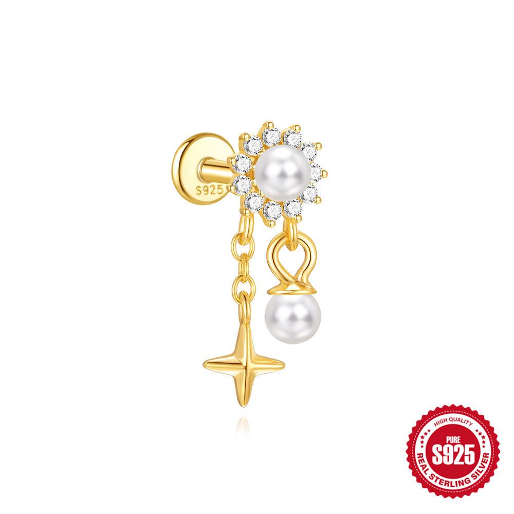 Flat Head Piercing Earrings S925 Sterling Silver Sunflower Pearl Star Tassel Delicate Stacking Piercing Explosive Earrings