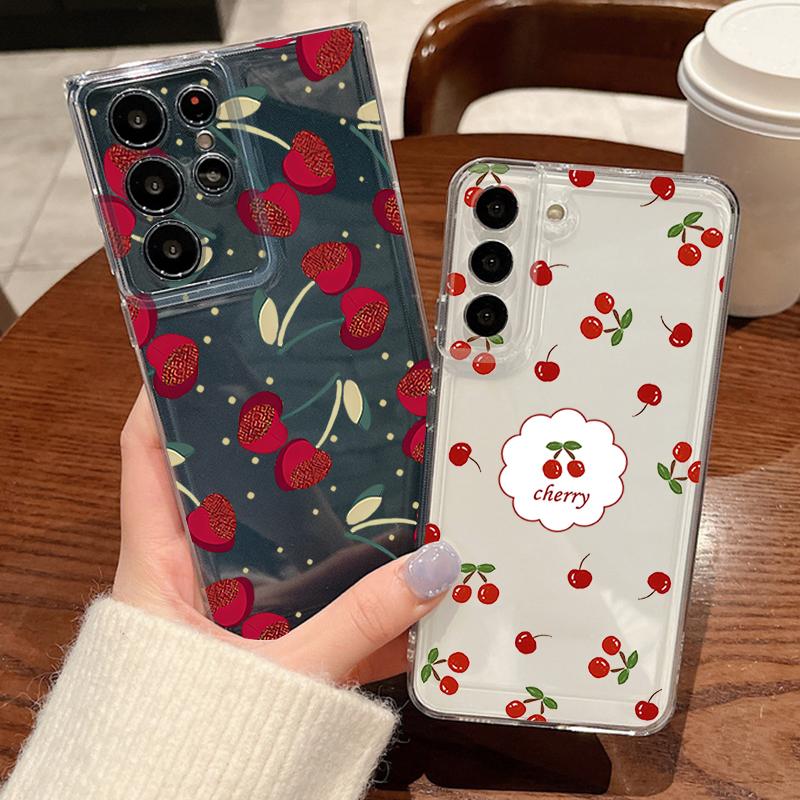 Little Cherry Pattern Phone Case For Samsung Galaxy S26 S25 S24 S23 Ultra S22 Plus S24 S21 FE S25Edge Transparent Soft TPU Cover
