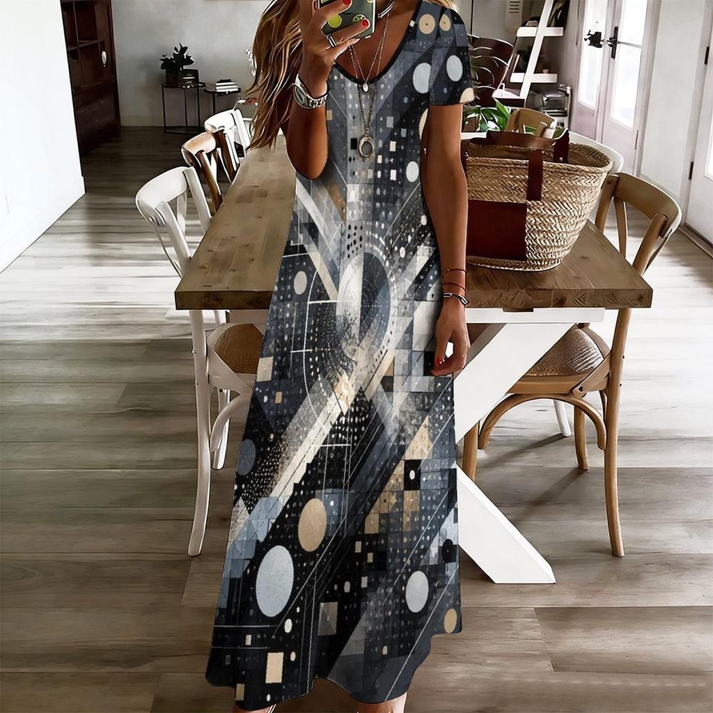 Women Plus Size V Neck Short Sleeve Geometric Printed Straight Maxi Dress