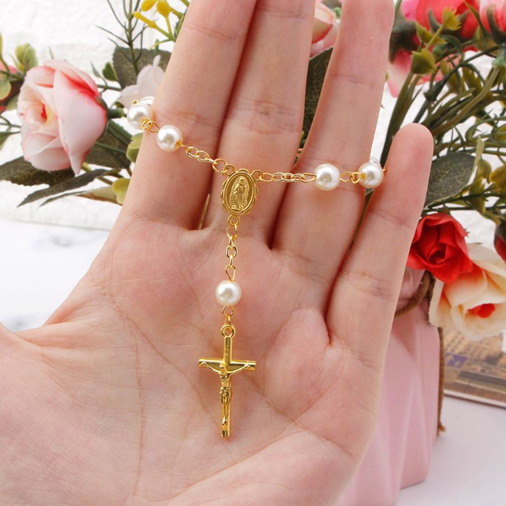 Náramek růženec z růžových květů katolický růženec nastavitelné přívěsky s křížkem šperky na prst a zápěstí