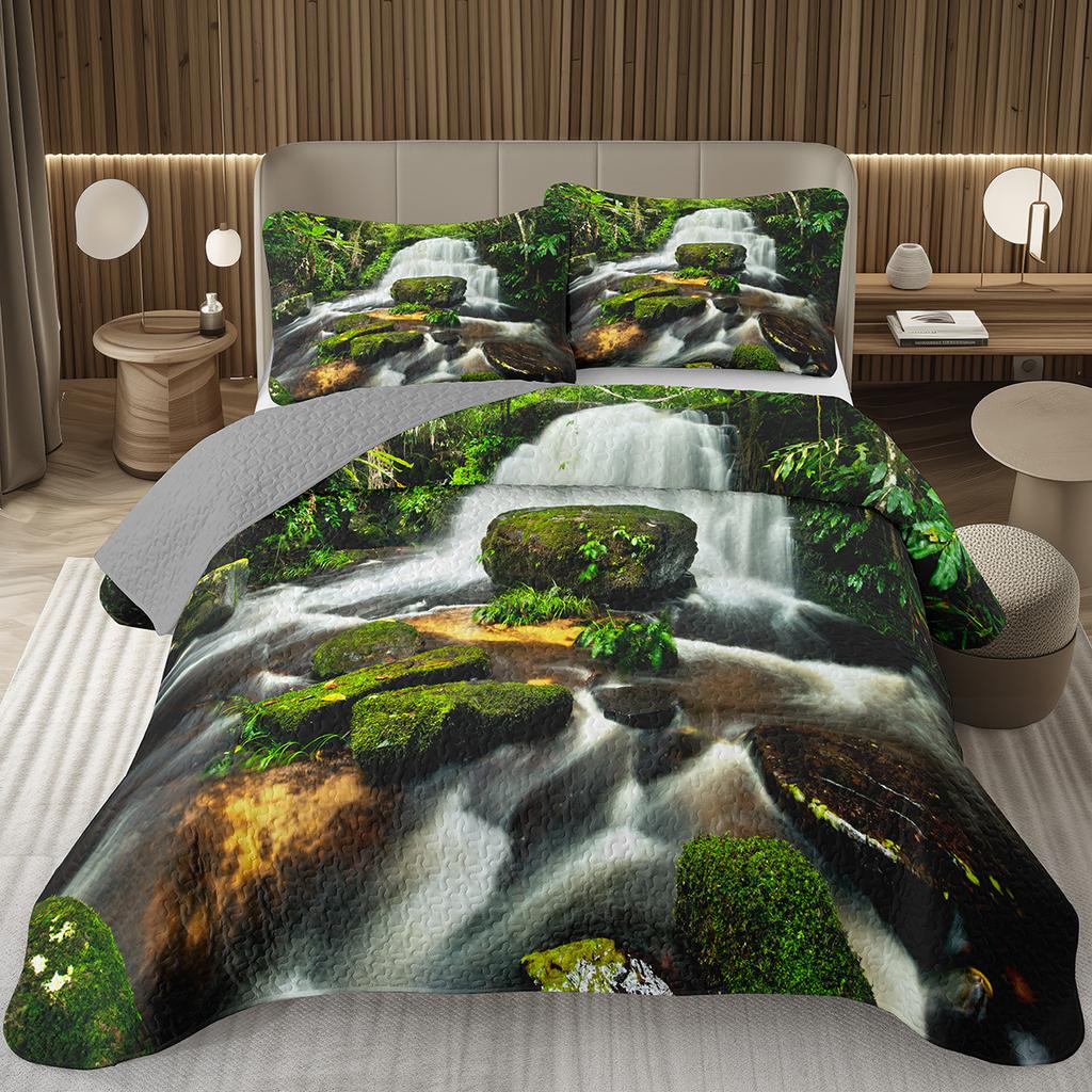 Forest Bedspread King/Full Magical Woodland Jungle Coverlet Set Dreamy Misty Scene Quilted Bedding Set Reversible Grey Bed Cover