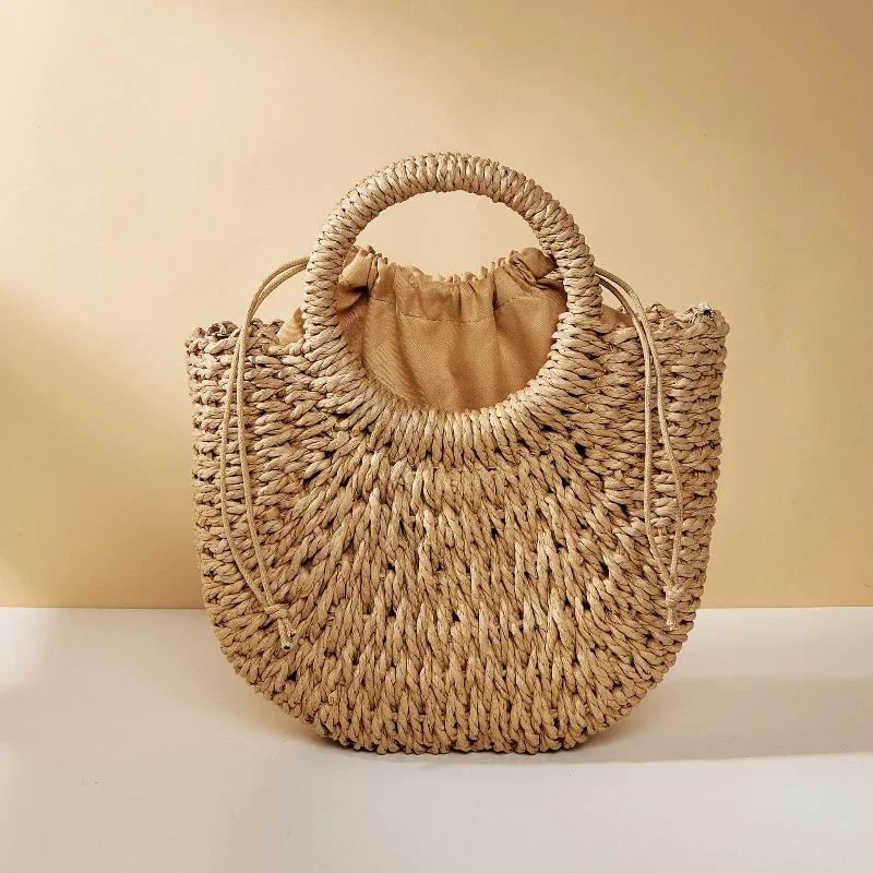 Handwoven Straw Rattan Half-Moon Bag - Women’s Large Capacity Hollow Out Crossbody Beach Shoulder Bag with Half-Round Design