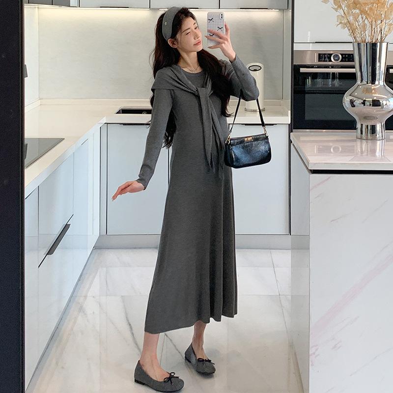 2026 Spring Korean Elegant Maternity Knit Shawl Long Dress 2XL