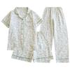 New Cotton Pajamas Double-layer Gauze Korean Version Floral Lazy Short-sleeved Trousers Set Girl Cardigan Loungewear
