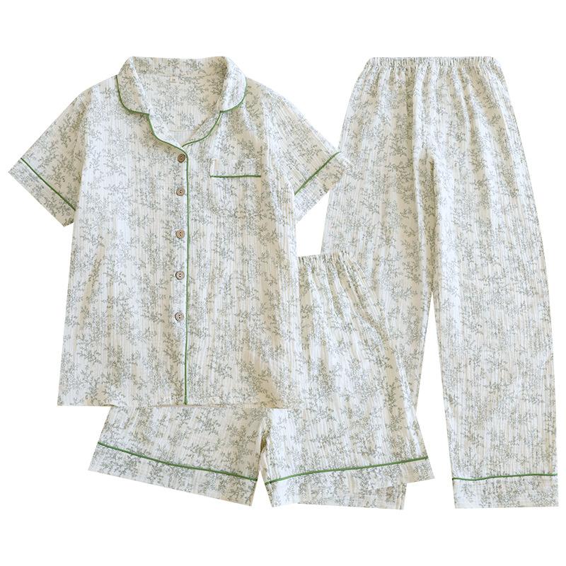 New Cotton Pajamas Double-layer Gauze Korean Version Floral Lazy Short-sleeved Trousers Set Girl Cardigan Loungewear