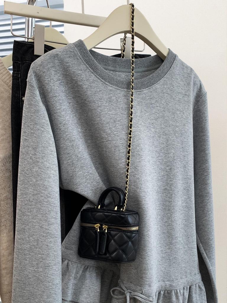 Korean Minimalist Drawstring Waist Ruffle Long-Sleeve Women's T-Shirt - 2025 Spring/Autumn Solid Color Versatile Top