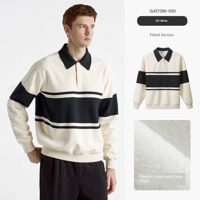Origami Crane Men's Clothing Japanese Retro Color-Block Striped Sweatshirt with Fleece for Men, New Loose Casual Top for Autumn and Winter 7356