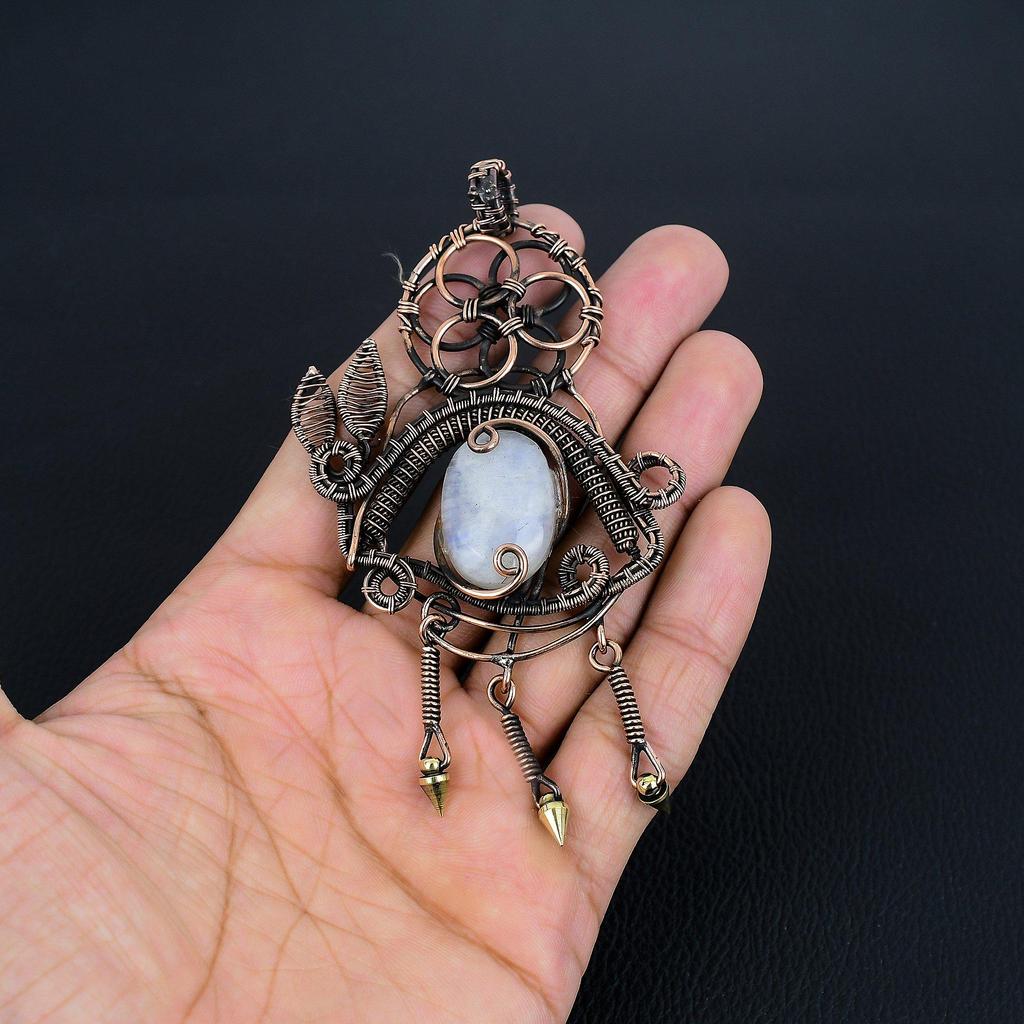 Rainbow Moonstone Pendant Gemstone Jewelry, 999 Copper Wire Wrapped Pendant, Handmade Beautiful Jewelry Pendant