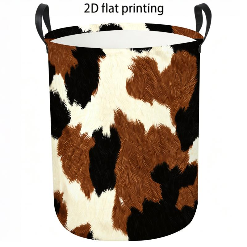 1pc Laundry Basket, Brown And Black Cow Print Pattern Dirty Clothes Bin, Soft Texture Style Storage Organizer, Foldable Laundry Hamper with Handles fo
