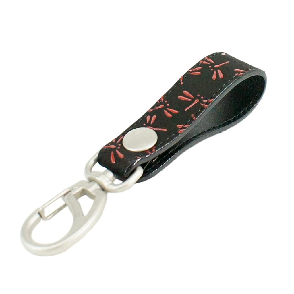 Indenya Inden Belt Strap Keychain B, Deerskin, Black with Red Lacquer, Dragonfly Pattern, 4701-21-008