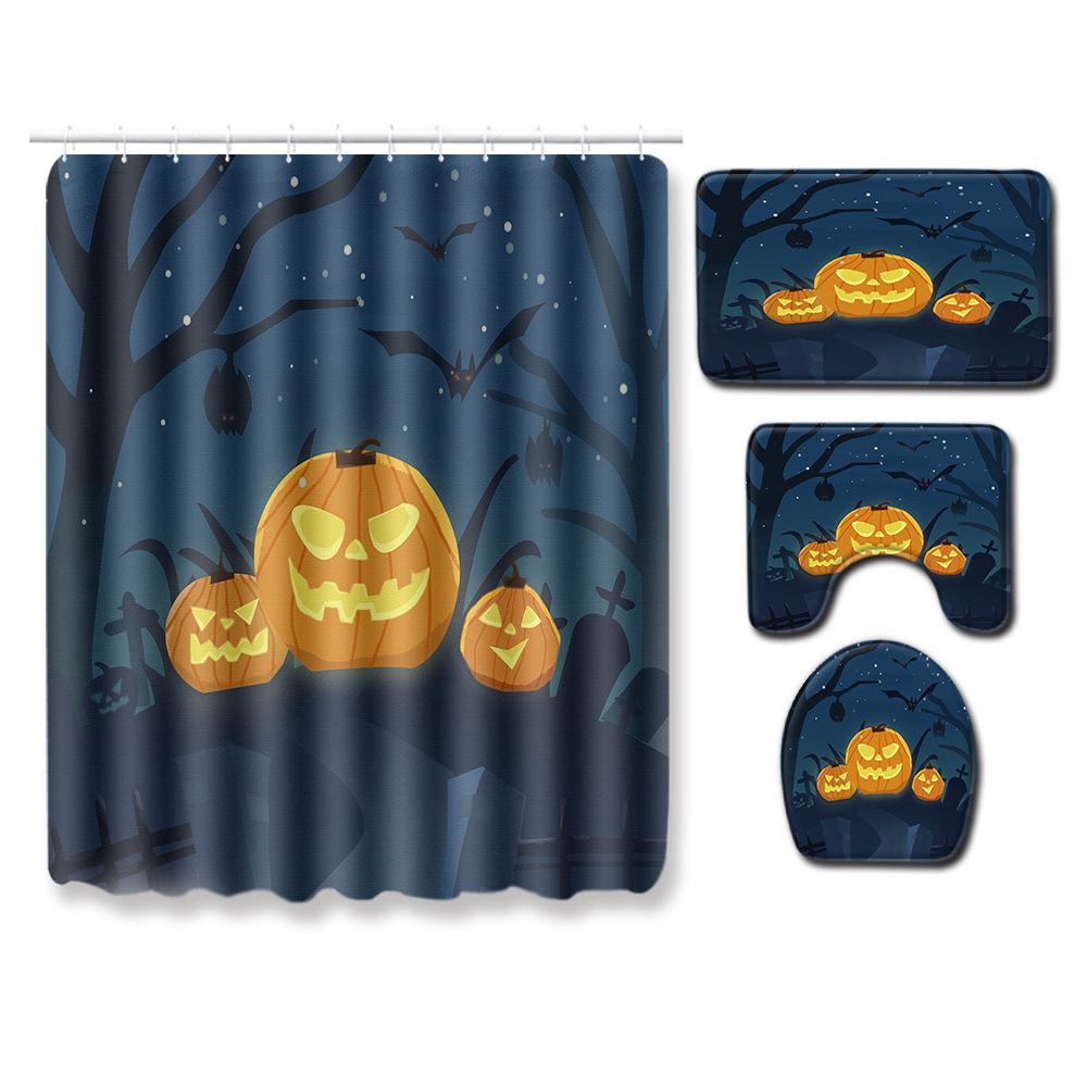 Halloween Duschvorhang Bodenmatte Kombination Vierteilige Haushalts-Fußmatte Schlafzimmer Rutschfester Teppich