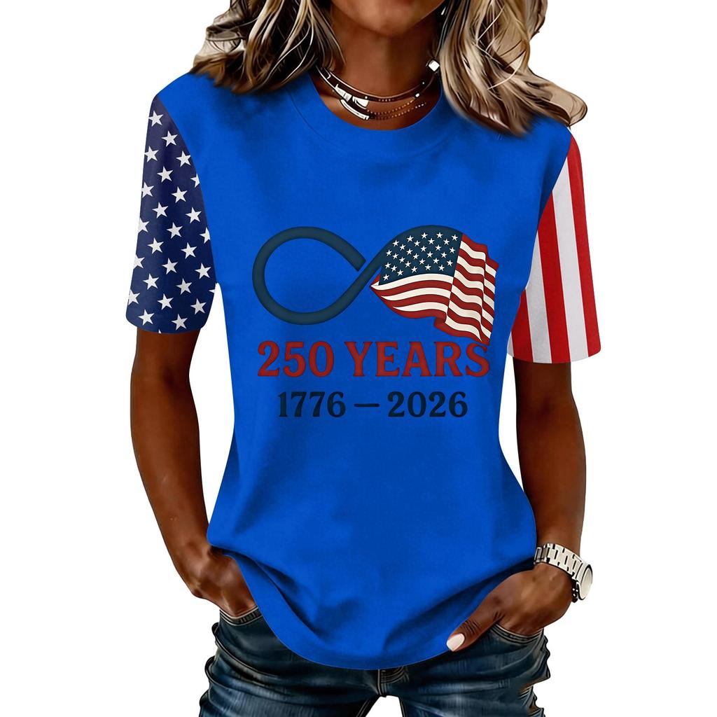 Blusa Feminina da Moda Casual de Manga Curta com Estampa e Gola Redonda